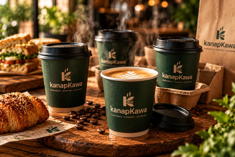 Kubki na wynos z logo kanapKawa obok croissanta i kanapki